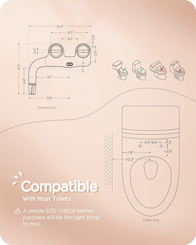 Ciays Bidet Attachment for Toilet Ultra-Slim Bidet Sprayer Non-Electric Dual Nozzle for Feminine/Posterior Wash Bidet Toilet Attachment with Pressure Controls，Sliver/White Standard