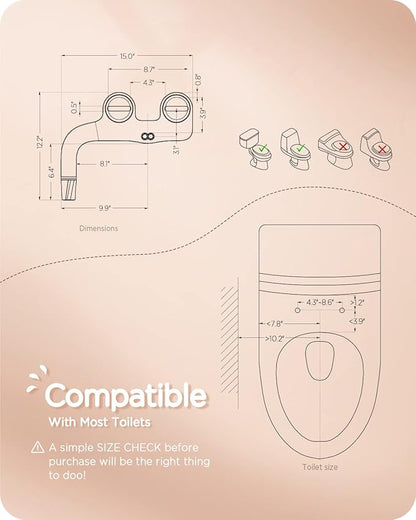 Ciays Bidet Attachment for Toilet Ultra-Slim Bidet Sprayer Non-Electric Dual Nozzle for Feminine/Posterior Wash Bidet Toilet Attachment with Pressure Controls，Sliver/White Standard