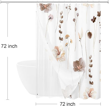 3 in 1 Brown Watercolor Floral Shower Curtain Liner Set, 72x72 | 3 in 1 Shower Curtain Set, PEVA Liner& 12 Double Sided Steel Hooks, Waterproof Fabric Bathroom Curtain