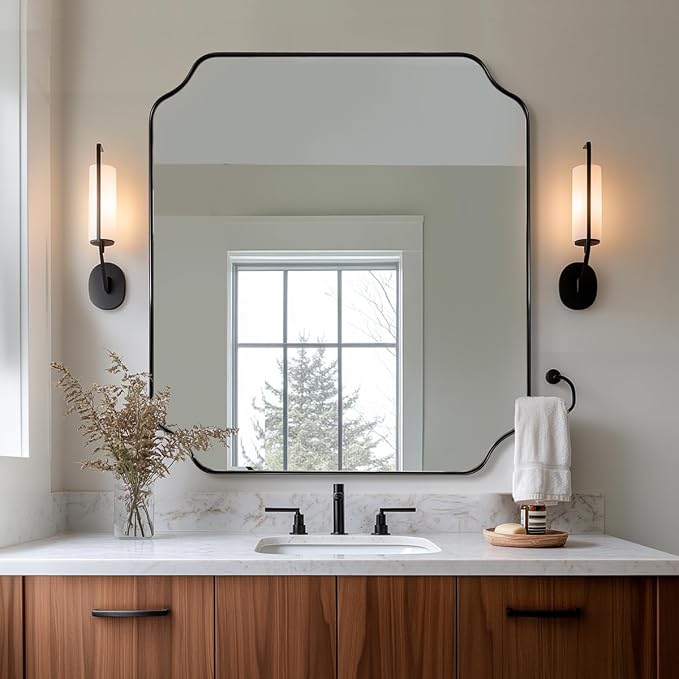 36x40 Inch Bathroom Mirror, Large Black Vanity Mirror for Wall, Modern Scalloped Mirror in Premium Stainless Steel Metal Thin Frame, Unique Rounded Notched Corners, Vertically/Horizontally