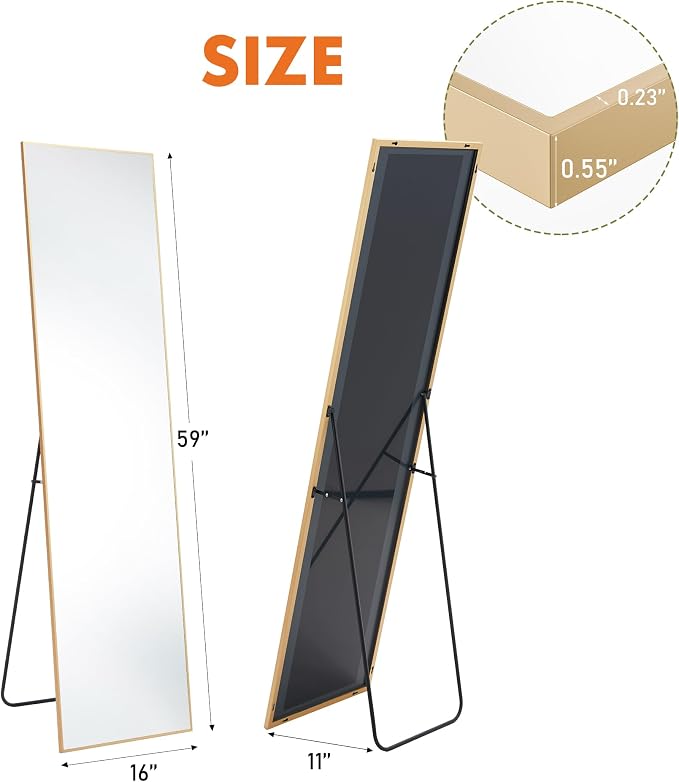 DUMOS Gold Full Length Mirror 59"x16.5" Full Body Floor Mirror for Bedroom or Cloakroom, Can Stand Alone, Hang or Lean Against Wall, Tall Wall Mirrors with Stand and Sleek Aluminum Alloy Thin Frame