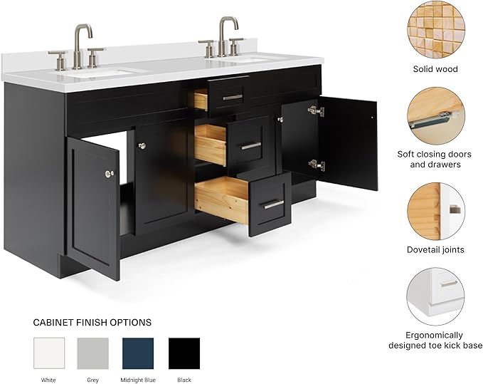 ARIEL Hamlet 72-inch Bathroom Vanity with Sink,Solid Wood, 1.5-inch Pure White Quartz Countertop & Backsplash, Double Rectangular Porcelain Sink, 4 Soft Closing Doors, 3 Dovetail Drawers, Black