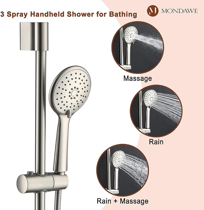 MONDAWE 9 Inch Wall Mounted Shower Faucet Set with Tub Spout in Brushed Nickel, Rainfall Shower Head with 3-Setting Handheld Spray Shower Combo, High Pressure Shower System with Solid Brass Valve