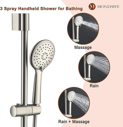 MONDAWE 9 Inch Wall Mounted Shower Faucet Set with Tub Spout in Brushed Nickel, Rainfall Shower Head with 3-Setting Handheld Spray Shower Combo, High Pressure Shower System with Solid Brass Valve