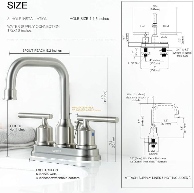 WOWOW Centerset Bathroom Faucet Brushed Nickel: 4 Inch Bathroom Sink Faucets with Lift Rod Drain Assembly Vanity Faucet 2 Handle High Arc Taps Modern