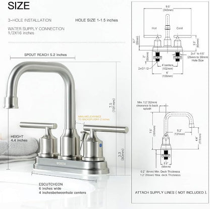 WOWOW Centerset Bathroom Faucet Brushed Nickel: 4 Inch Bathroom Sink Faucets with Lift Rod Drain Assembly Vanity Faucet 2 Handle High Arc Taps Modern