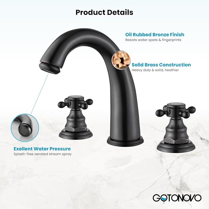 gotonovo Widespread Bathroom Sink Faucet 3 Hole Oil Rubbed Bronze,No Label | Vintage 8’’ Bathroom Faucet,2 Cross Handle,6-16’’ Sink,Vanity,RV,Farmhouse,SUS304,24’’ cUPC Hose,Pop Up Drain,Deck Mount