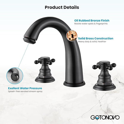 gotonovo Widespread Bathroom Sink Faucet 3 Hole Oil Rubbed Bronze,No Label | Vintage 8’’ Bathroom Faucet,2 Cross Handle,6-16’’ Sink,Vanity,RV,Farmhouse,SUS304,24’’ cUPC Hose,Pop Up Drain,Deck Mount