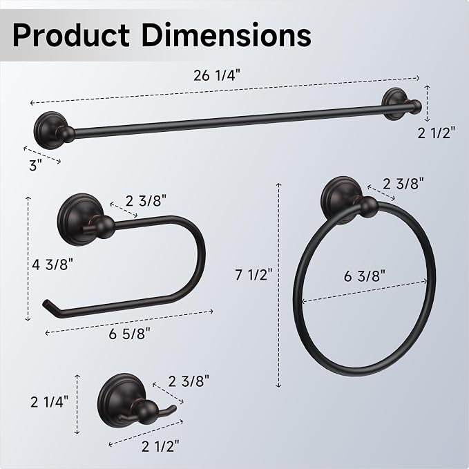 Formosa Design Hardware Classic 4-Piece Bathroom Accessories Set, 24-inch Towel Bar, Toilet Paper Holder, Towel Ring, and Robe Hook, Durable Zinc Alloy & Stainless Steel, (Oil Rubbed Bronze Finish)