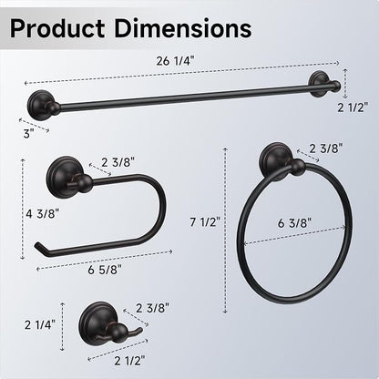 Formosa Design Hardware Classic 4-Piece Bathroom Accessories Set, 24-inch Towel Bar, Toilet Paper Holder, Towel Ring, and Robe Hook, Durable Zinc Alloy & Stainless Steel, (Oil Rubbed Bronze Finish)