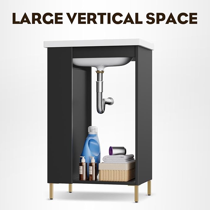 20 Inch Black Freestanding Bathroom Vanity, Pre-Assembled Bathroom Cabinet with Ceramic Sink, Soft-Close Door, Left Side Storage, Fit for Small Bathrooms, No Faucet, BV05-20-PUREBLACK-PLUS