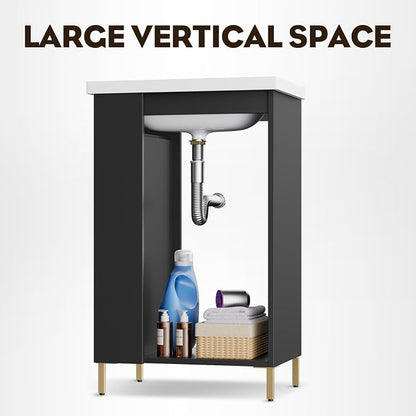 20 Inch Black Freestanding Bathroom Vanity, Pre-Assembled Bathroom Cabinet with Ceramic Sink, Soft-Close Door, Left Side Storage, Fit for Small Bathrooms, No Faucet, BV05-20-PUREBLACK-PLUS