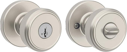 Kwikset Maven Entry Door Knob with Lock and Key, Secure Keyed Handle Exterior, Front Entrance and Bedroom, Satin Nickel, Pick Resistant SmartKey Rekey Security and Microban