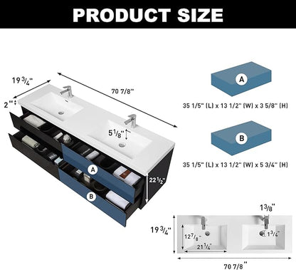 Wall Mounted 72 Inch Bathroom Vanity with Sink, Floating Vanity Bathroom, Double Sink Bathroom Vanity, 4 Drawers, Resin Integrated Sink (Glossy Black)