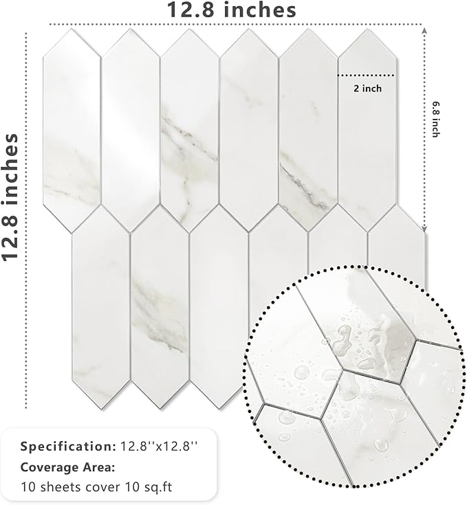 Vamos Tile Glossy White Marble Backsplash Tile Peel and Stick, 12.8 x 12.8 Inch 10 Sheets Long Hexagon PVC Self Adhesive Mosaic Wall Tiles Stick on Backsplash for Kitchen and Bathroom