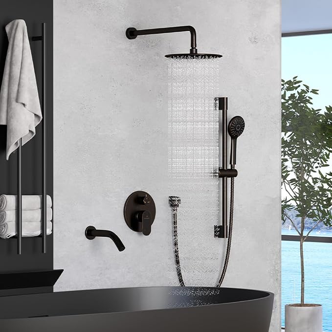 MONDAWE 9 Inch Wall Mounted Shower Faucet Set with Tub Spout in Oil Rubbed Bronze, Rainfall Shower Head with 3-Setting Handheld Spray Shower Combo, High Pressure Shower System with Solid Brass Valve