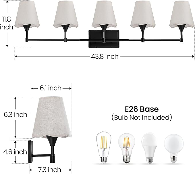 Modern Bathroom Vanity Light Fixtures: Matte Black Vanity Lights Over Mirror with Flared Fabric Shade, Farmhouse Bathroom Lighting Fixtures, 5 Light Wall Sconces Lights for Bedroom Hallway Living Room