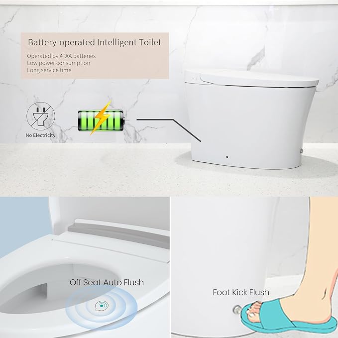R&T W5100S Tankless Smart Toilet Touchless Auto Flush 1.28-GPF Battery-Operated One-Piece HET Intelligent Toilet for Bathroom, Foot Kick & Manual, Without Bidet
