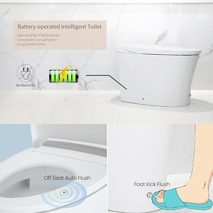 R&T W5100S Tankless Smart Toilet Touchless Auto Flush 1.28-GPF Battery-Operated One-Piece HET Intelligent Toilet for Bathroom, Foot Kick & Manual, Without Bidet