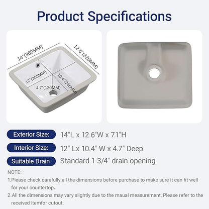 14in Undermount Bathroom Sink Rectangular, 14" x12.6" Small Vessel Sink Rectrangle Undermount Bathroom Sink White Ceramic Lavatory Vanity Vessel Sink with Overflow