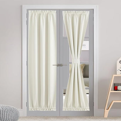 NICETOWN Farmhouse Door Curtain - Window Treatments Panels Thermal Insulated Energy Efficient Rod Pocket Faux Linen Curtains for Glass French Patio Door with Tieback, 30 x 72 inches, Natural, 1 Piece