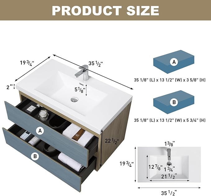 Floating Vanity Bathroom, 36 Inch Bathroom Vanity with Sink, Wall Mounted Single Sink Bathroom Vanity, Soft Closed 2 Drawers, Integrated Sink (Natural Oak)