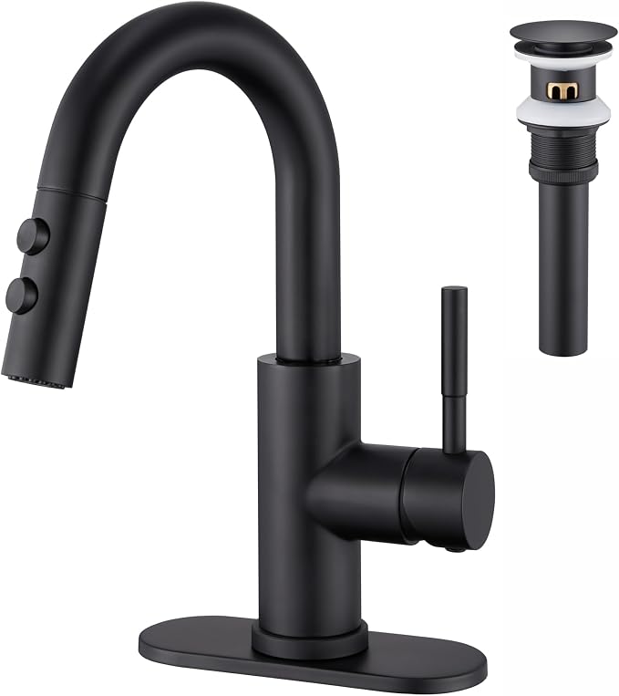 Bathroom Faucet with Sprayer, Matte Black Single Hole with Pop-Up Drain | Kablle Single Handle Pull Out 1 or 3 Hole Laundry Bar Basin Faucet with Deck Plate, KBL-7002B-CL