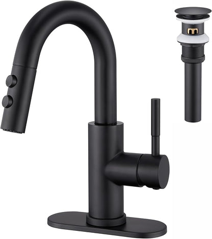 Bathroom Faucet with Sprayer, Matte Black Single Hole with Pop-Up Drain | Kablle Single Handle Pull Out 1 or 3 Hole Laundry Bar Basin Faucet with Deck Plate, KBL-7002B-CL