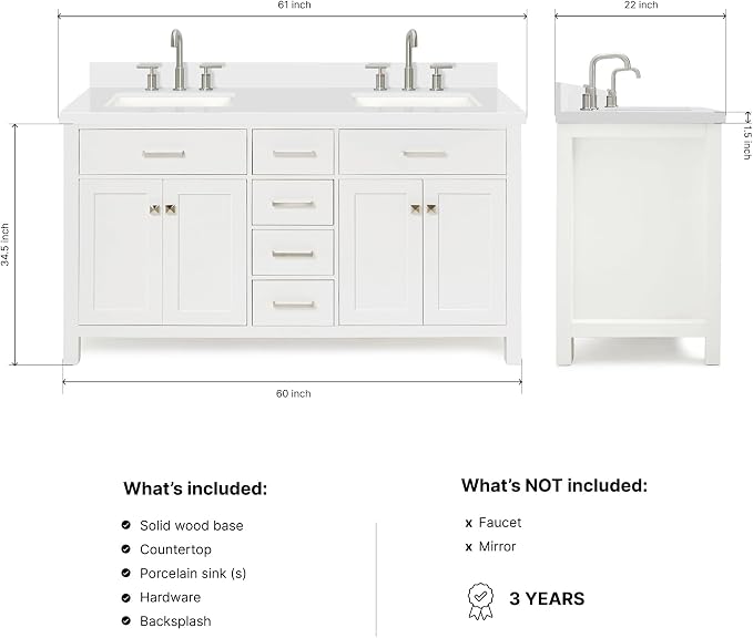 ARIEL Bristol 60-inch Bathroom Vanity with Sink,Solid Wood, 1.5-inch Pure White Quartz Countertop & Backsplash, Double Rectangular Porcelain Sink, 4 Soft Closing Doors, 3 Dovetail Drawers, White