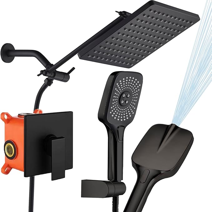 Shower Faucet Set Matte Black Rough-in Anti-Scald Pressure Balanced Valve Body Modern Luxury Wall Mounted 10 Inch Rain Mixer Shower System (Matte Black)