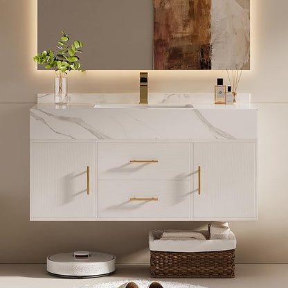 Bathroom Vanity with Sink, 39.3" Floating Bathroom Vanity Set, Modern Wall-Mounted Cabinet with Sintered Stone Countertop, Undermount Sink & White Finish, Easy to Clean