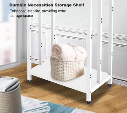 44 Inch Tall Free Standing Towel Rack, White | 3 Tiers Heavy Duty Blanket Drying Stand Holder with Metal Storage Shelf & 6 Hooks for Bathroom, Pool, Bedroom, Living Room