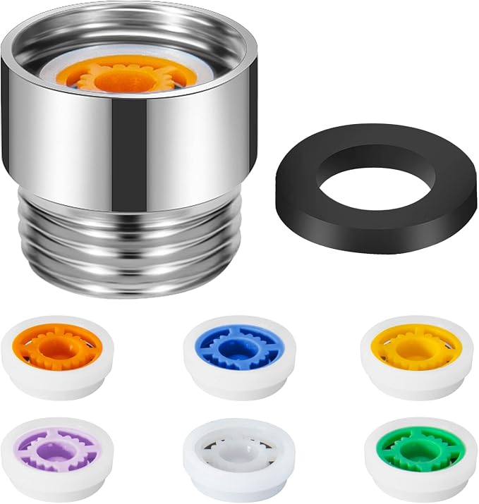 MAYYAYA 7-Pc Brass Shower Flow Saver Kit, 1/2", 6 Color Options | MAYYAYA brass flow saver kit: 6 color-coded reducers (1.2-2.5 GPM); durable 1/2" connector; fits fixed & handheld showers