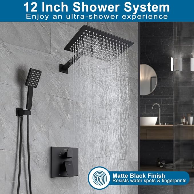 Matte Black Shower Faucet Set Rainfall 12 Inch Shower Head and Handle Set Bathroom Rain Shower System Wall Mounted Shower Fixture Include Shower Valve and Trim Kit