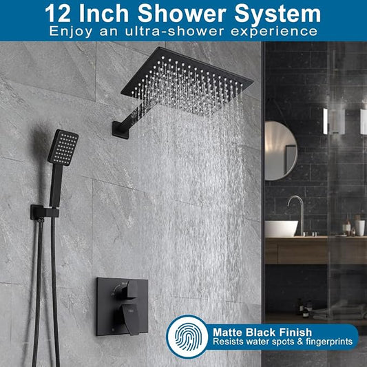 Matte Black Shower Faucet Set Rainfall 12 Inch Shower Head and Handle Set Bathroom Rain Shower System Wall Mounted Shower Fixture Include Shower Valve and Trim Kit