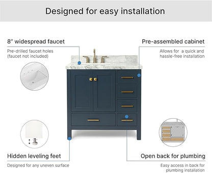ARIEL Cambridge 36-inch Bathroom Vanity with Sink,Solid Wood, 1.5-inch Italian Carrara Marble Countertop, Single Rectangular Porcelain Sink, 2 Soft Closing Doors, 5 Dovetail Drawers, Midnight Blue