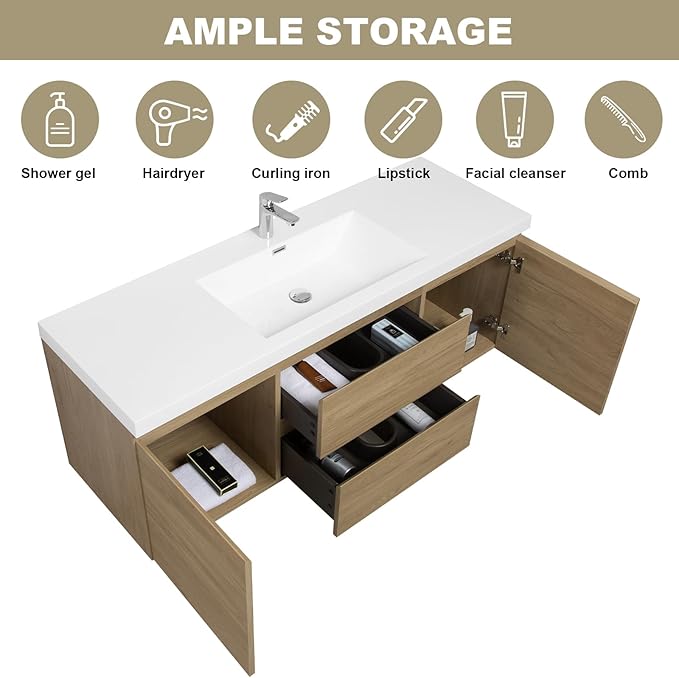 Wall Mounted 60 Inch Bathroom Vanity with Sink, Floating Vanity Bathroom, Single Sink Bathroom Vanity, 2 Drawers, 2 Soft Closing Doors, Resin Integrated Sink (Natural Oak)