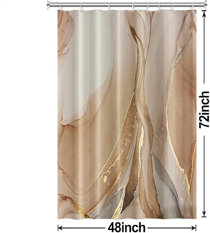Brown Shower Curtain, Modern Brown Gold Grey Marble Shower Curtain for Bathroom Aesthetic Ink Texture Waterproof Shower Curtain Set with Hooks, 48x72 Inch
