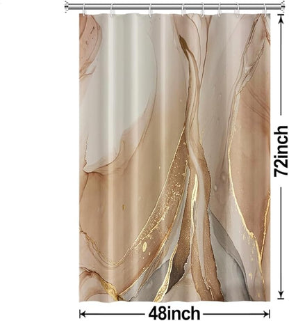 Brown Shower Curtain, Modern Brown Gold Grey Marble Shower Curtain for Bathroom Aesthetic Ink Texture Waterproof Shower Curtain Set with Hooks, 48x72 Inch