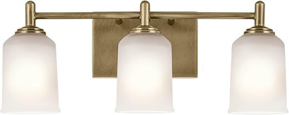 KICHLER Shailene 21" 3-Light Vanity Light with Clear Satin Etched Glass in Natural Brass for Over a Vanity, Updated Traditional Style, (21" x 8.25"), 45574NBR