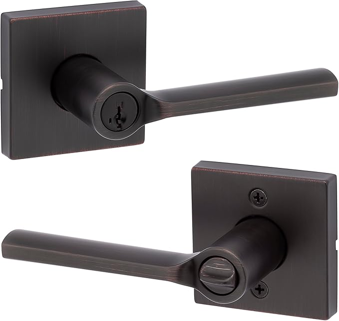 Kwikset Lisbon Square Entry Door Knob with Lock and Key, Secure Keyed Handle Exterior, Front Entrance and Bedroom, Venetian Bronze, Pick Resistant SmartKey Rekey Security and Microban