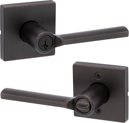 Kwikset Lisbon Square Entry Door Knob with Lock and Key, Secure Keyed Handle Exterior, Front Entrance and Bedroom, Venetian Bronze, Pick Resistant SmartKey Rekey Security and Microban