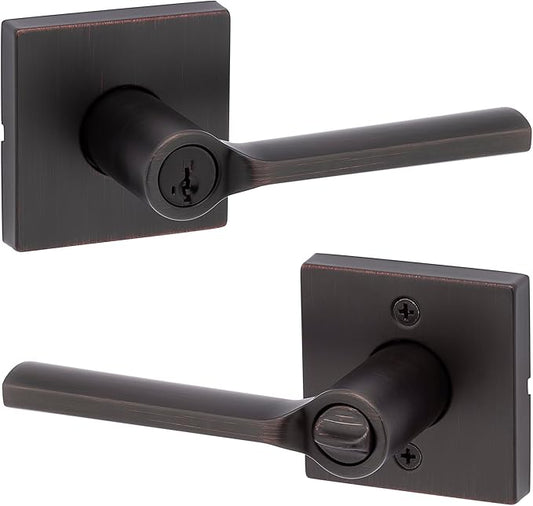 Kwikset Lisbon Square Entry Door Knob with Lock and Key, Secure Keyed Handle Exterior, Front Entrance and Bedroom, Venetian Bronze, Pick Resistant SmartKey Rekey Security and Microban