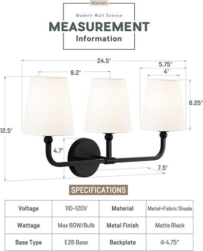 Bathroom Light Fixtures, Matte Black Vanity Lights with Flared White Fabric Shade, 3 Light Wall Sconce, Modern Sconces Wall Lighting for Hallway Bedroom, VL837-MB-3