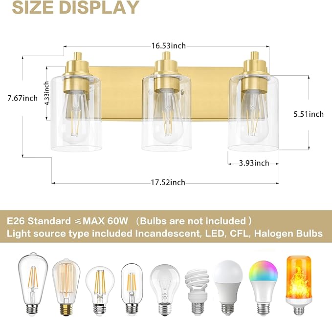 Gold Bathroom Light Fixtures, Bathroom Light Fixtures Over Mirror, Gold Vanity Lamp with Clear Glass