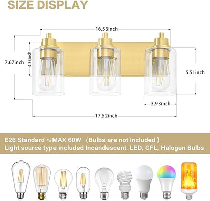 Gold Bathroom Light Fixtures, Bathroom Light Fixtures Over Mirror, Gold Vanity Lamp with Clear Glass