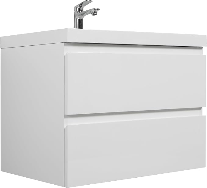 Floating Bathroom Vanity with Sink, 30" Wall-Mounted Bathroom Vanity | Resin Top Basin and Soft Close Drawers, No Assembly Required, Glossy White