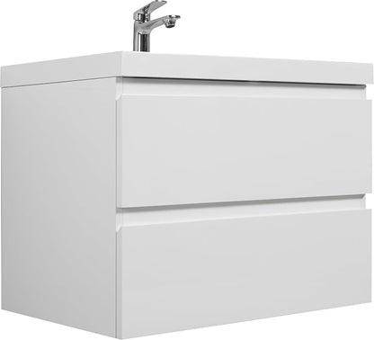 Floating Bathroom Vanity with Sink, 30" Wall-Mounted Bathroom Vanity | Resin Top Basin and Soft Close Drawers, No Assembly Required, Glossy White