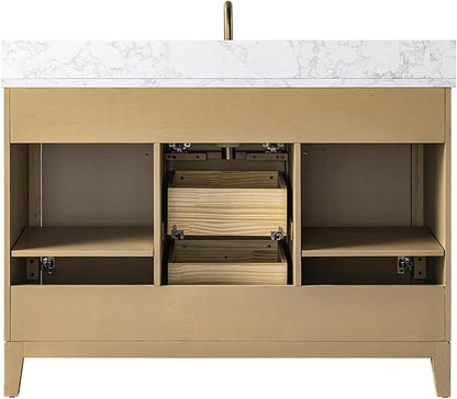 Vanity Art 48" Bathroom Vanity with Single Sink & Arabescato White Engineered Stone Top, Vanity Cabinet with Soft Closing Door, Solid Wood Frame, Golden Brushed Handles, Natural Oak VA8148-NO-GB