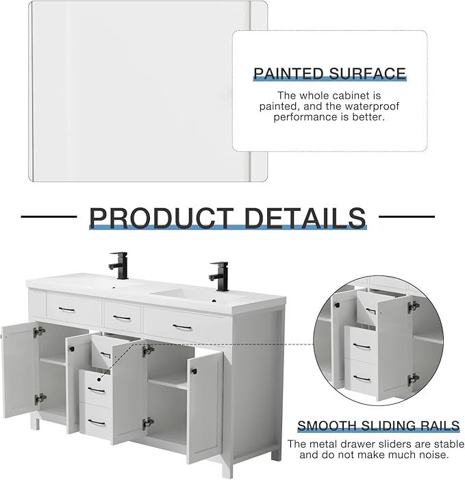 LUCKWIND 60" Bathroom Vanity and Sink Combo, Painted Modern Bathroom Storage Cabinet with Double Large Sink, Four Doors and Three Drawers, Include Faucet, Without Mirror, White